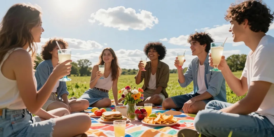 Group of friends enjoying cream soda at a lively summer picnic.