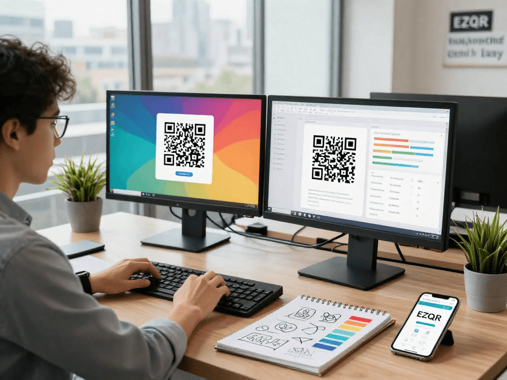 Dynamic QR Code Generator showcased in a modern workspace with vibrant designs and analytics on screens.