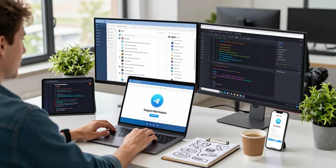 Engagement with Telegram Web Version in a modern workspace with tech gadgets and vibrant office atmosphere.