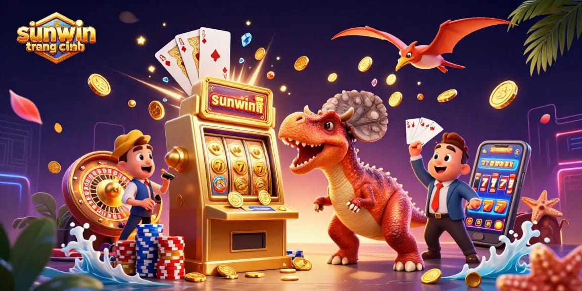 Experience excitement at sunwin trang chính as a cartoon dinosaur hits the slot jackpot, revealing golden coins everywhere!