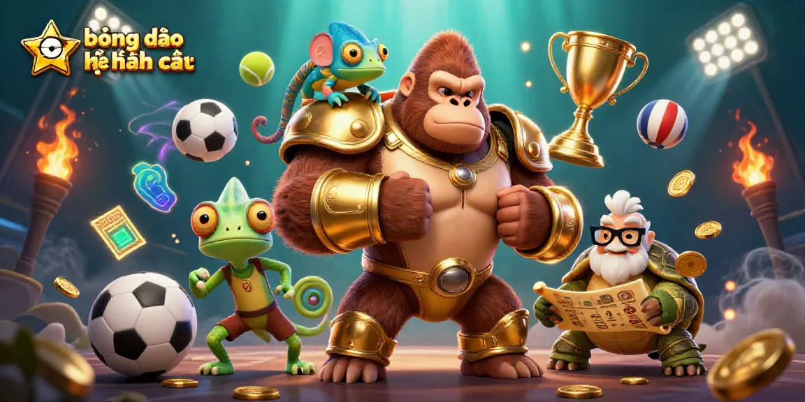Bóng đá kèo nhà cái visualizing dynamic sports betting action surrounded by colorful sports balls and trophies.