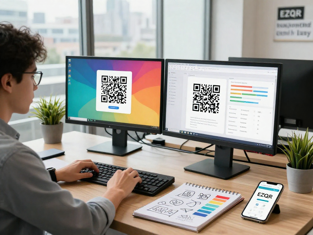 Dynamic QR Code Generator showcased in a modern workspace with vibrant designs and analytics on screens.