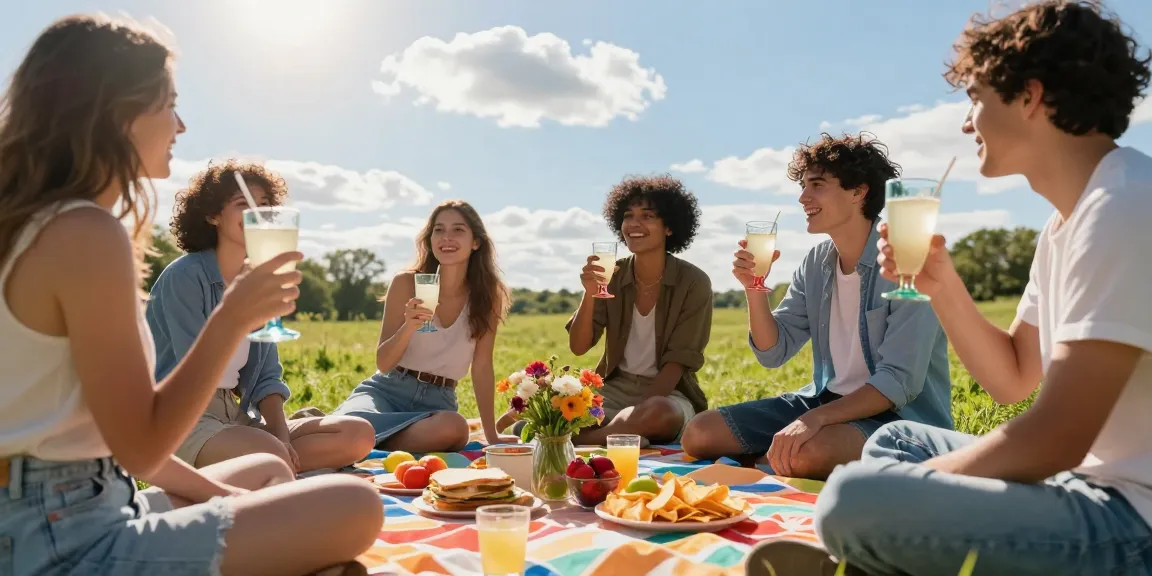 Group of friends enjoying cream soda at a lively summer picnic.