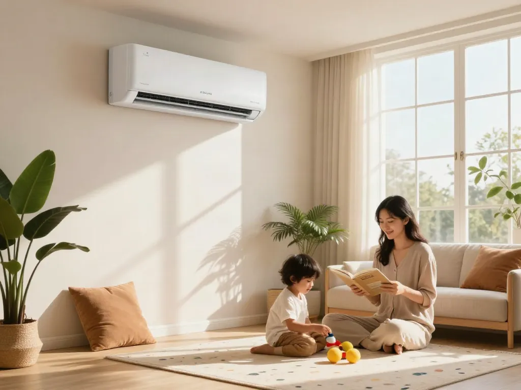 Ductless air conditioner in a cozy living room with family enjoying comfort and efficiency.