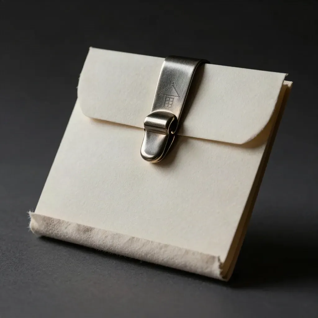 Ivory valuation folio with stone weight, brushed metal clasp and wool swatch in raking light.