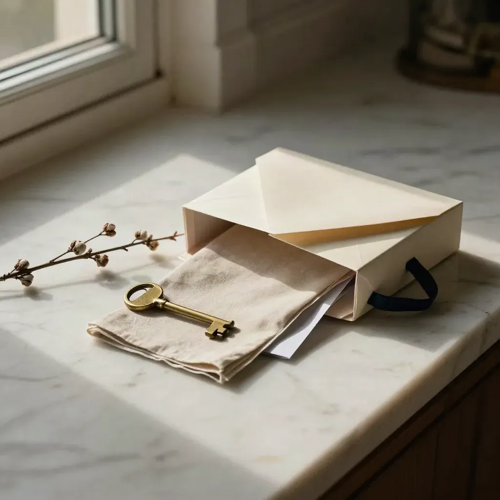 Seller pack box, brass key, linen swatch and dried stems on marble in spring light