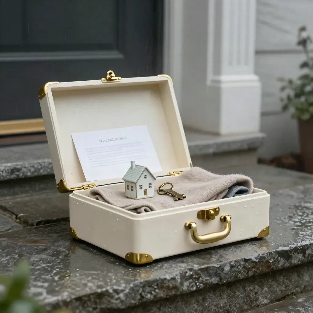 Ivory starter kit case on wet stone with brass key, house token, and drizzle mist.