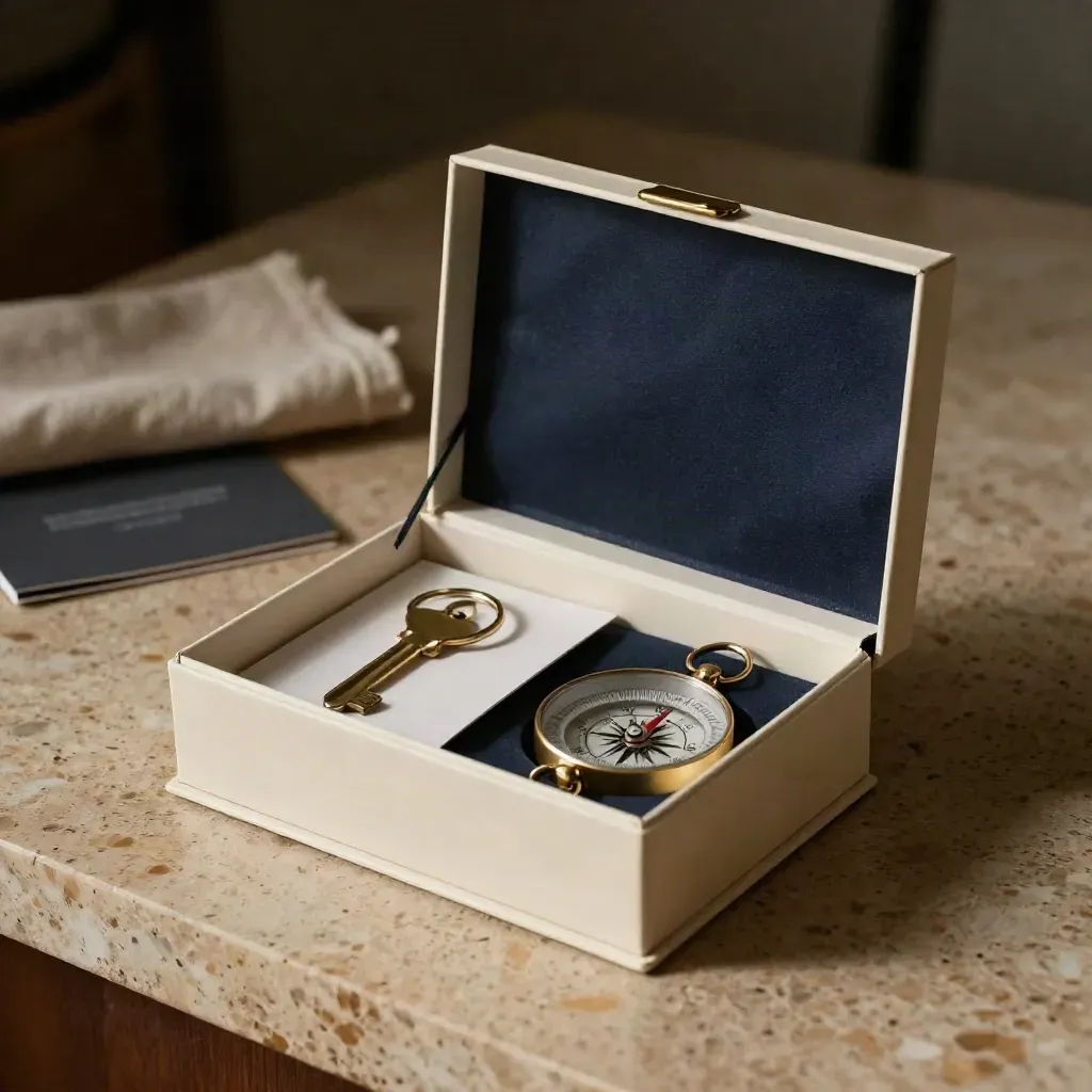 Opened cream buyer pack with compass, key ring, and sleeves on travertine.