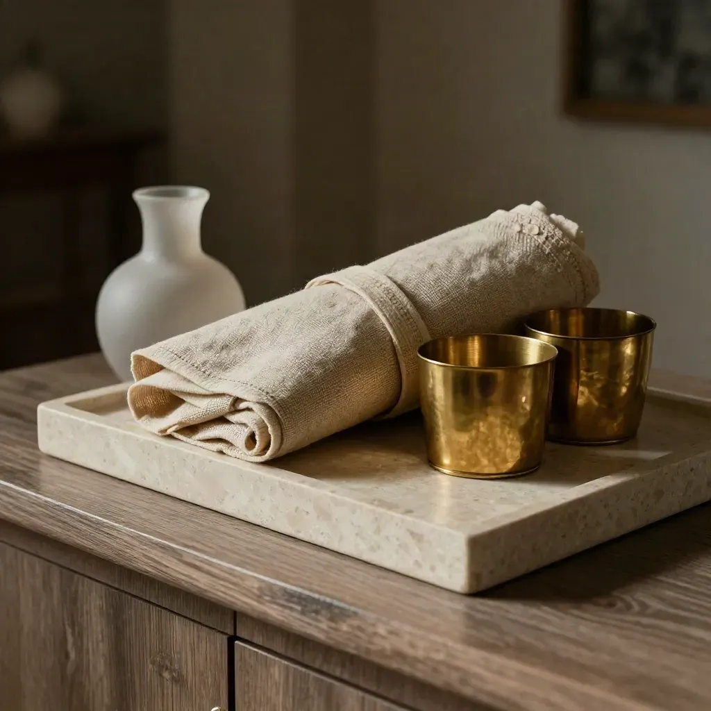 Macro of linen wraps, brass candle cups, a small vase and tray on pale travertine in a foyer