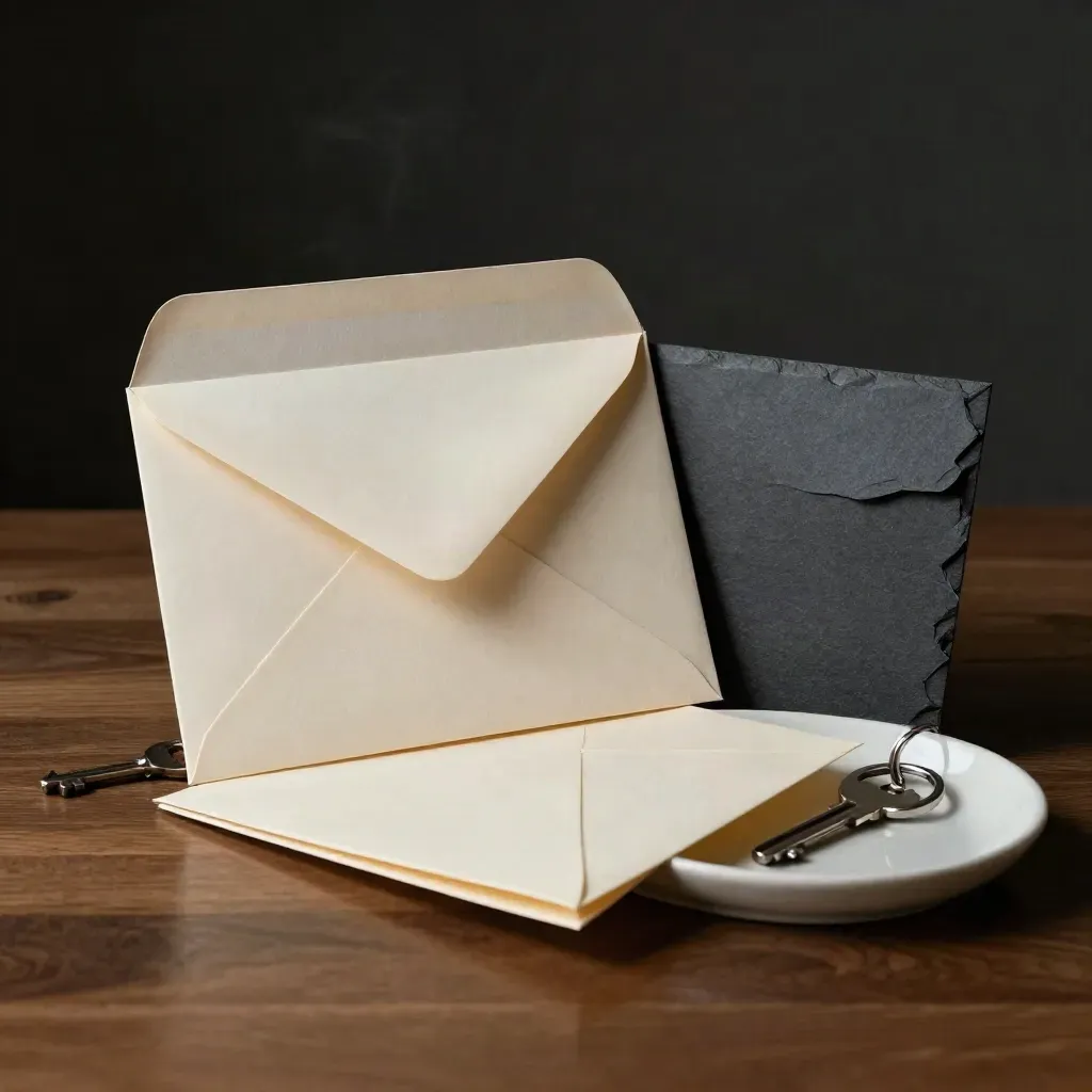 Closing-day guide set with envelope, folio, key ring and ceramic tray on dark walnut.