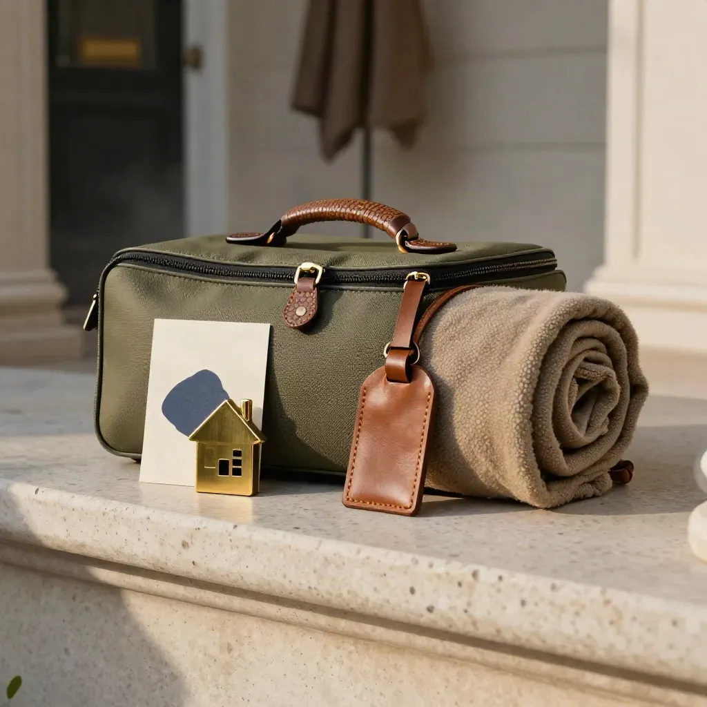 Travel kit with case, wool blanket, house token, and luggage tag by a doorway.
