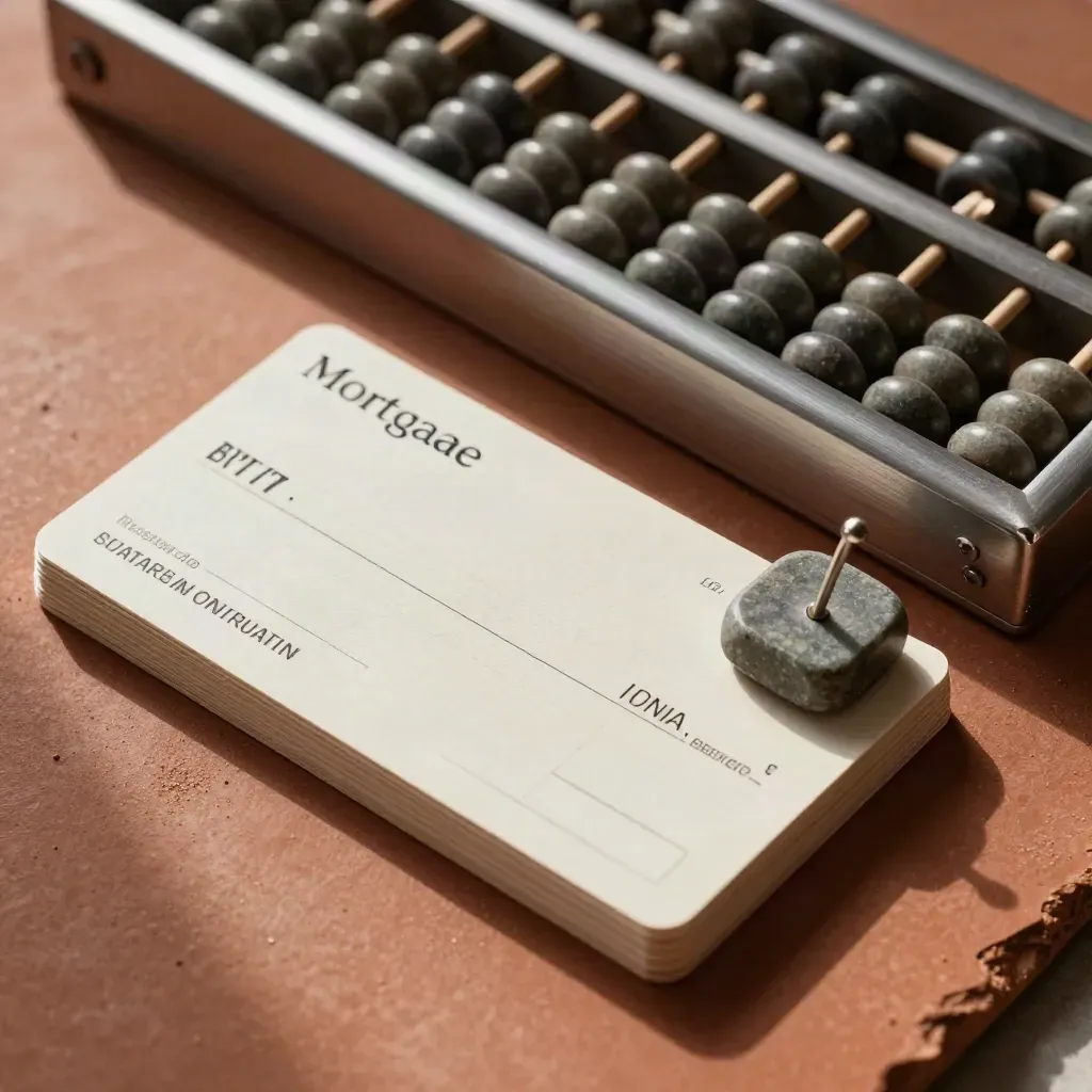 Overhead flatlay of ivory mortgage cards, metal abacus and stone paperweight on terracotta slab.