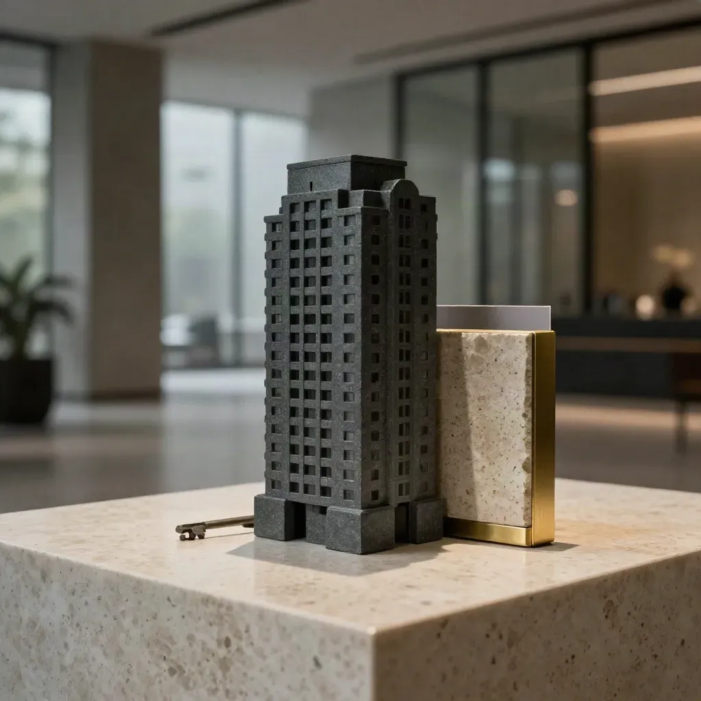 Smoky-slate condo review case with tower silhouette and stone sample in a moody studio setting.