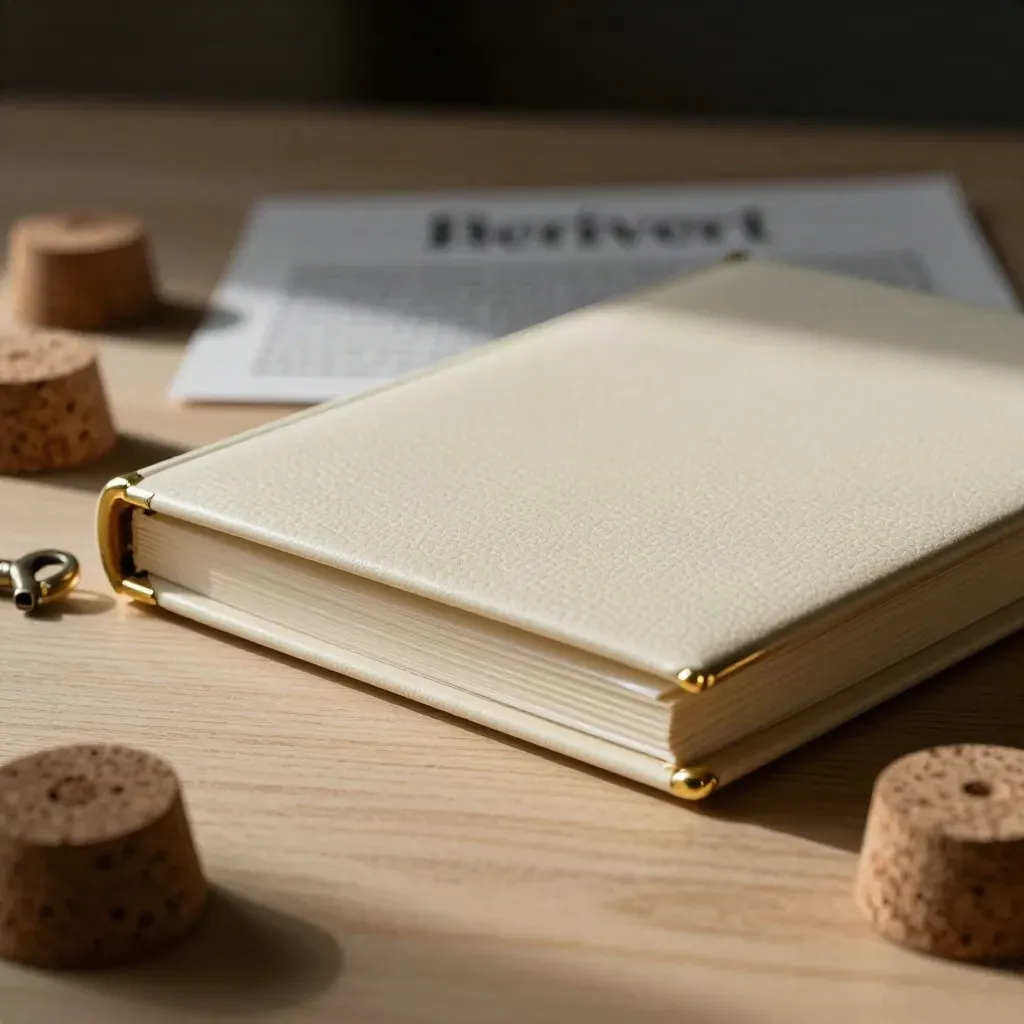 Ivory review binder with brass corners and cork blocks on pale oak in soft sunlight