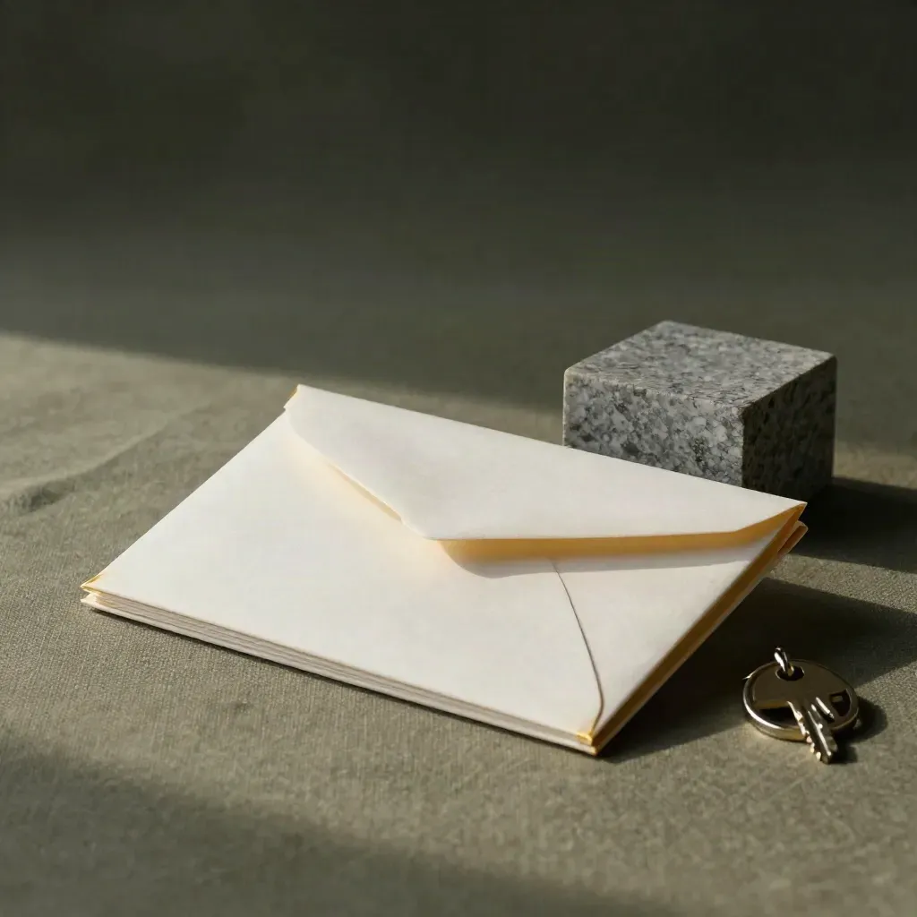 Gold-edged offer-check portfolio with sealed envelope, key ring and stone block in dark mist.