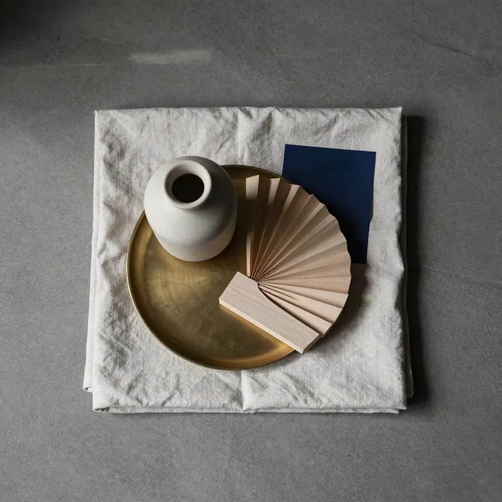 Overhead flatlay of linen, vase, brass tray and wood block on concrete