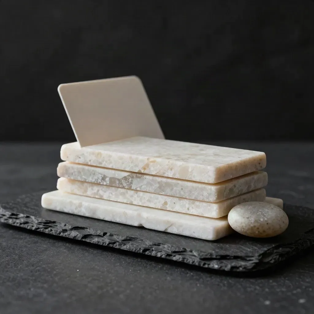 Slate price-check set with stone samples, closed sleeve and pebble weight on a dark studio surface