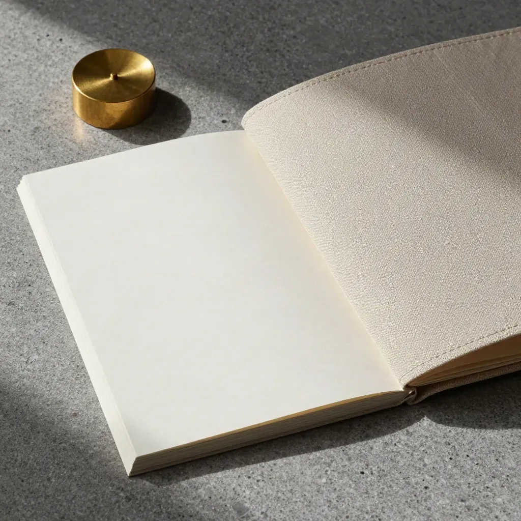 Flat lay of listing review papers, brass weight and linen folder on stone.