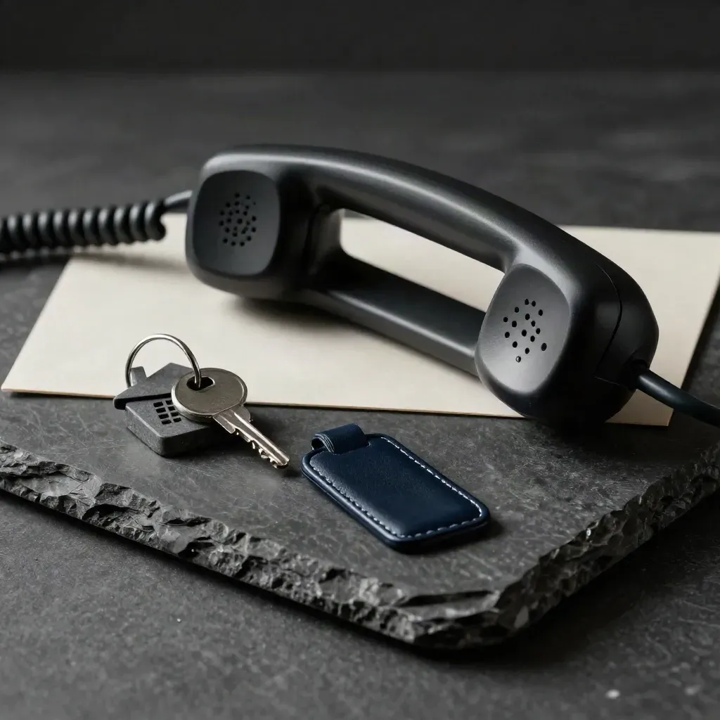 Matte handset, house key ring and stone weight on charcoal plinth, dramatic real-estate hero shot