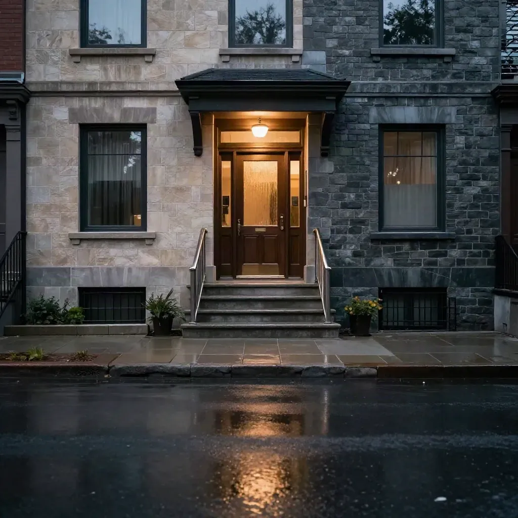 Rain-slick townhouse facade with glowing front hall and calm reflective street