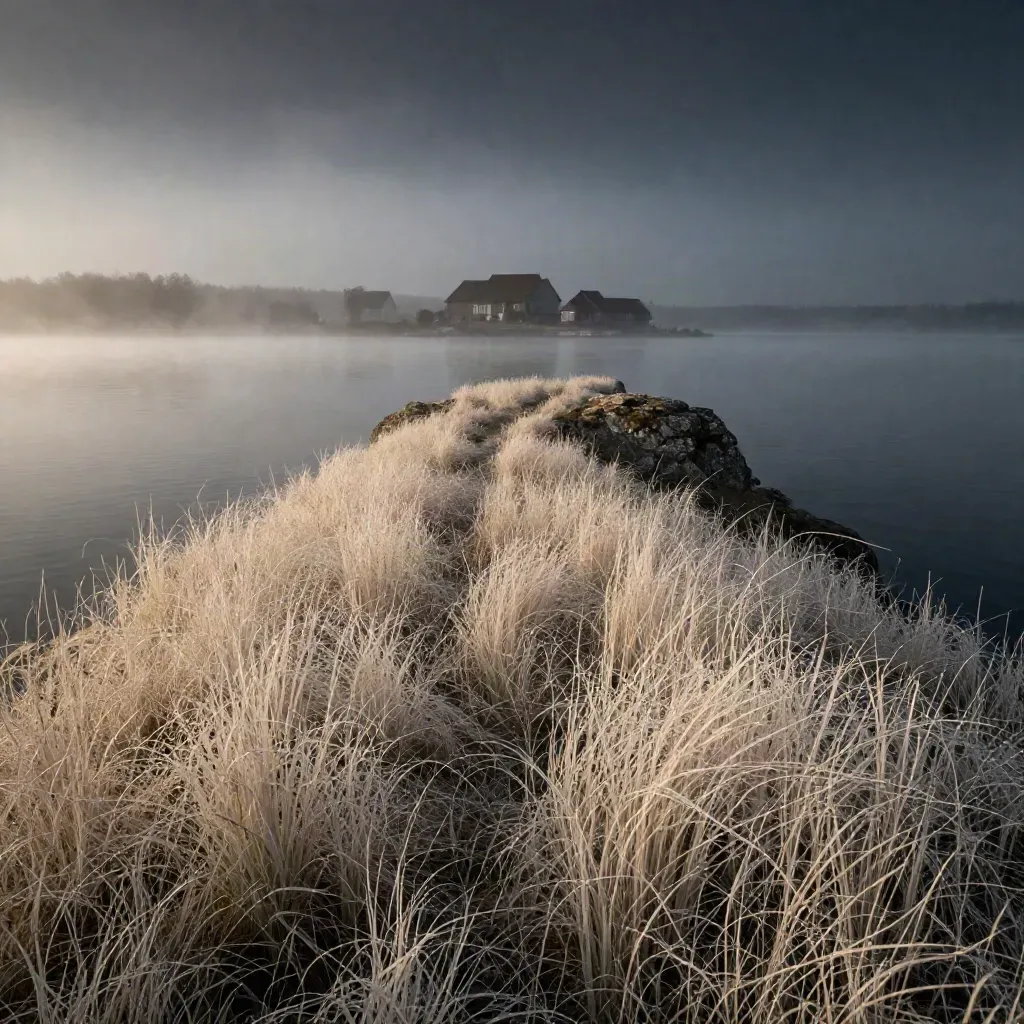 Misty lakeside ridge with grasses, distant homes, and calm water at dawn