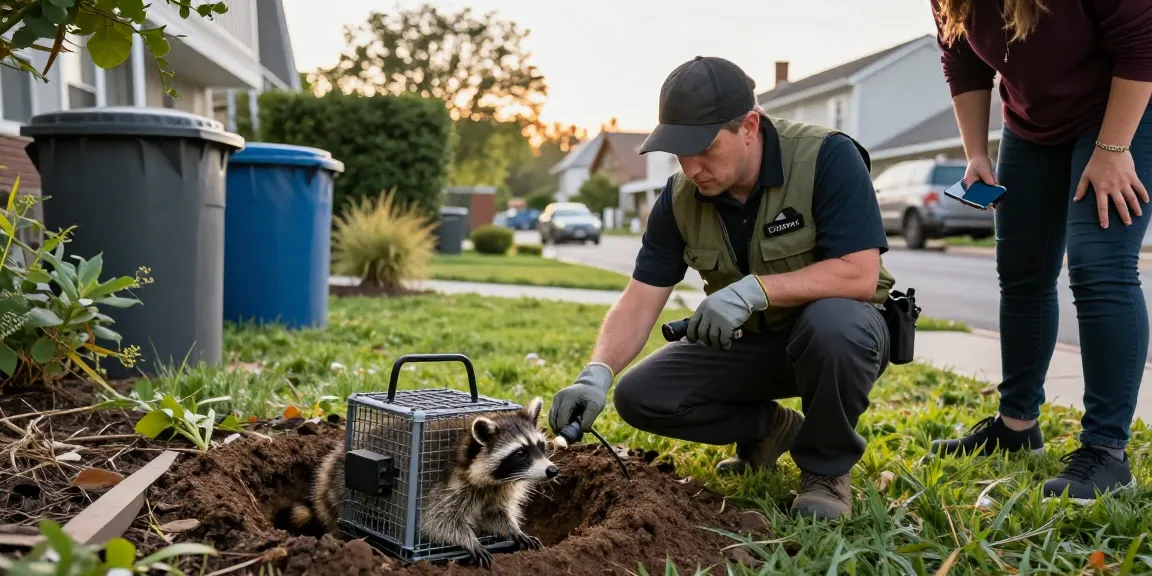 Raccoon Removal Toronto professional evaluating a den in a residential backyard, demonstrating humane wildlife control methods.