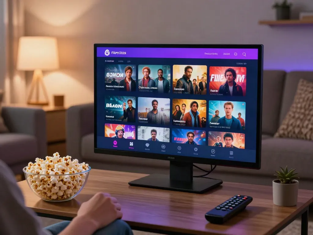 Filmyzilla app showcasing a library of movies on smartphone with popcorn in a cozy setting.